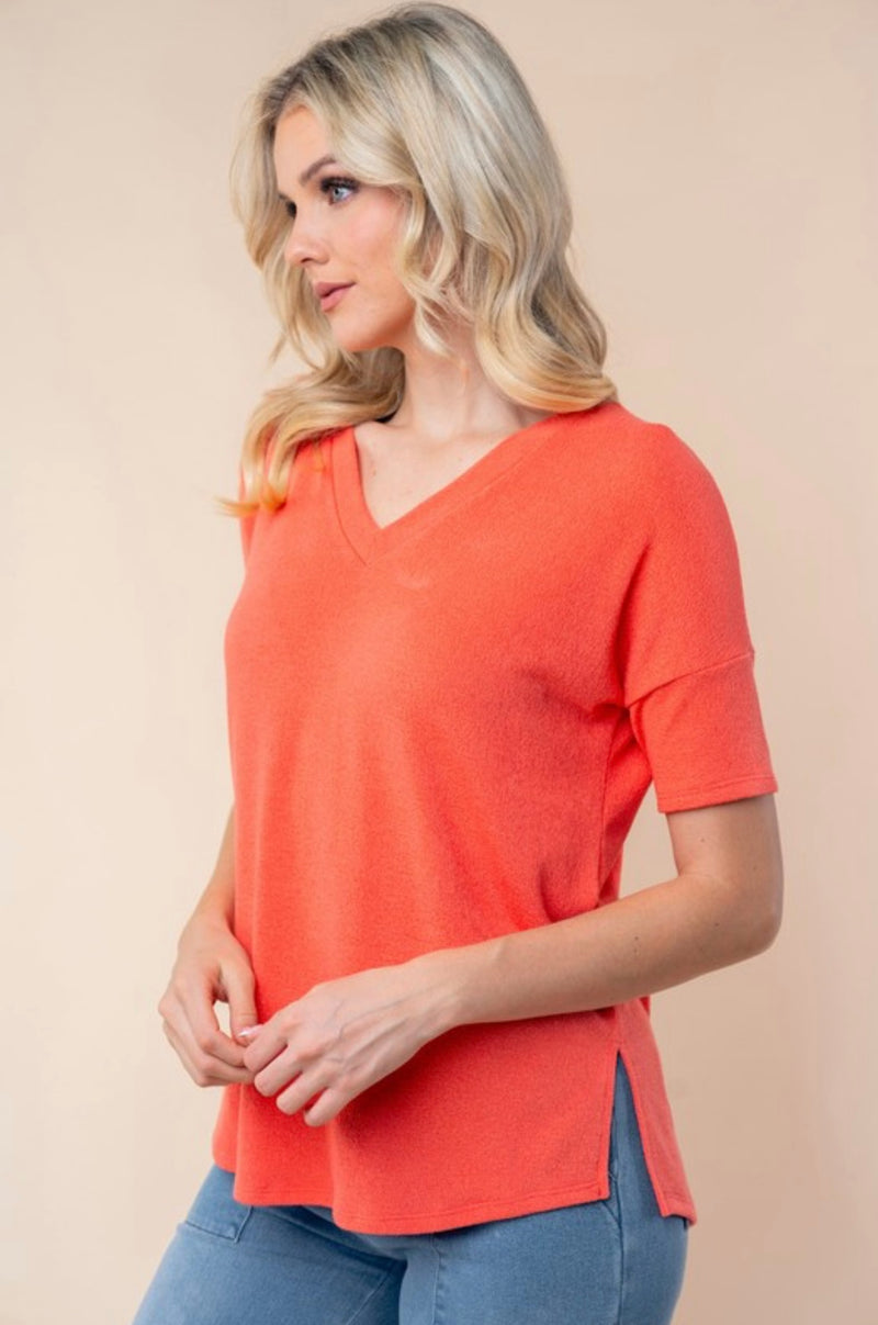 Coral V-neck Short Sleeve Top