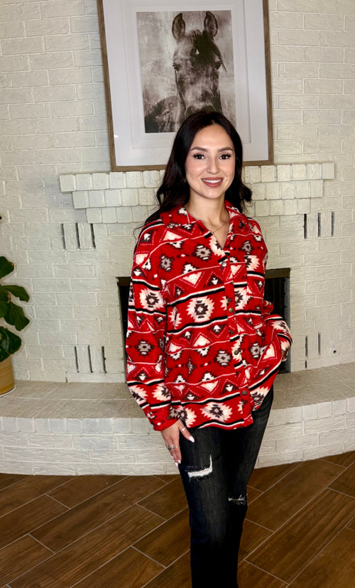 Red Long Sleeve Fleece Shacket