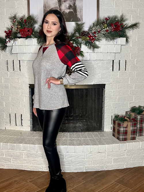 Plaid Color Block Long Sleeve Top