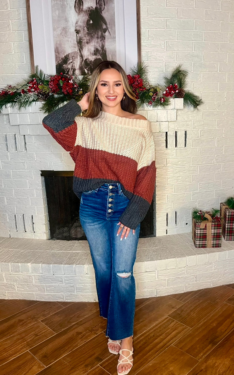 Off Shoulder Color Block Sweater