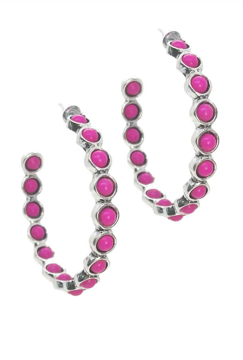 Pink Stone Silver Hoop Earrings