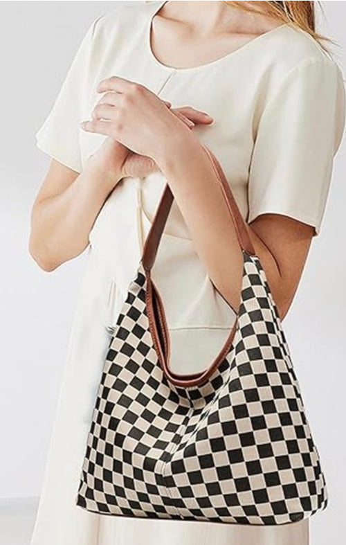 Checkered Hobo Tote Bag (camel)