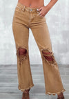 High Rise Distressed Jeans-Mocha