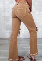 High Rise Distressed Jeans-Mocha