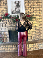 Burgundy Flared Leather Leggings